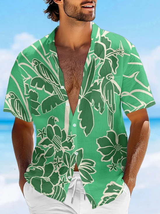 Moisture-wicking Parrots Palm Tree Chest Pocket Hawaiian Shirt