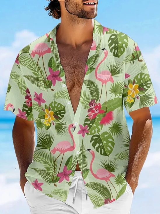 Moisture-wicking Palm Tree Flamingo Chest Pocket Hawaiian Shirt