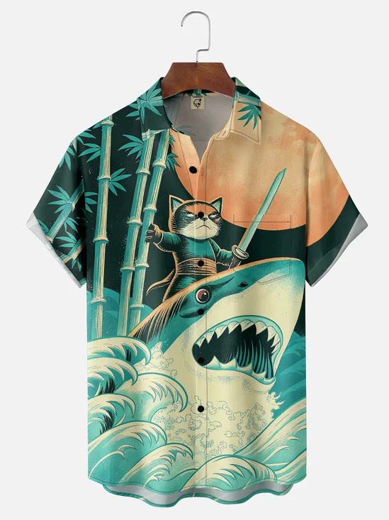 Moisture-Wicking Ukiyo-e Shark Cat Chest Pocket Hawaiian Shirt