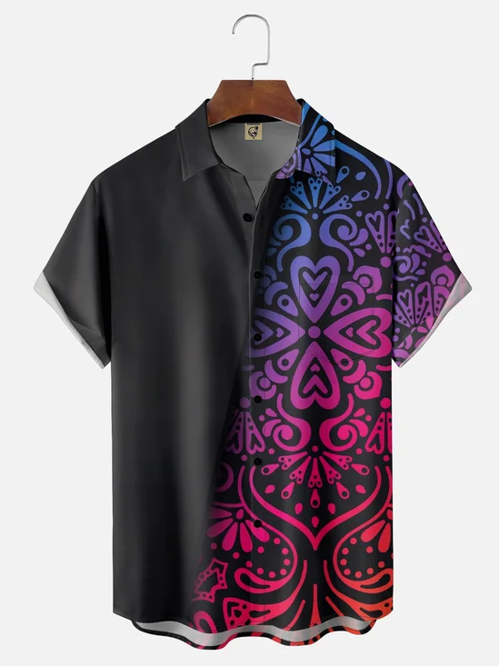 Moisture Wicking Geometric Gradient Floral Art Chest Pocket Hawaiian Shirt