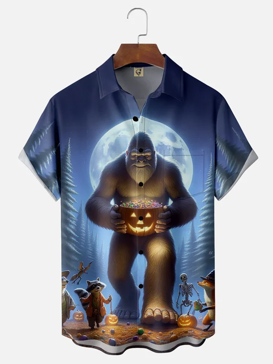 Moisture-Wicking Halloween Pumpkin Bigfoot Chest Pocket Hawaiian Shirt