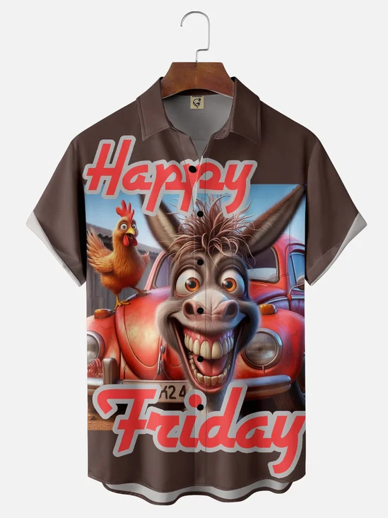 Moisture-Wicking Happy Friday Donkey And Chicken Chest Pocket Hawaiian Shirt