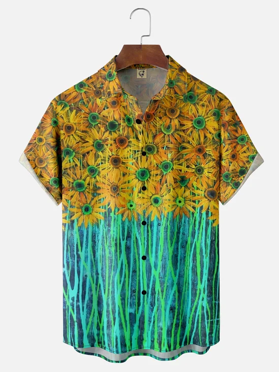 Moisture-wicking Daisy Floral Chest Pocket Hawaiian Shirt
