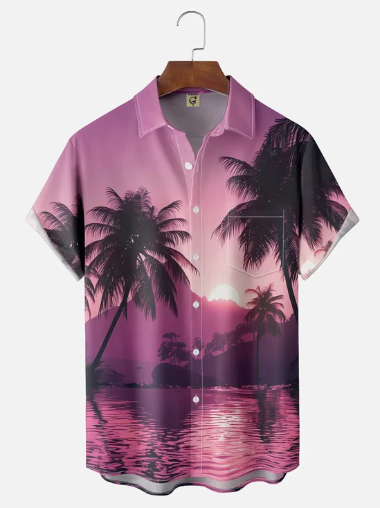 Moisture-wicking Palm Tree Chest Pocket Hawaiian Shirt