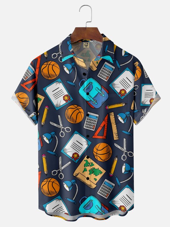 Moisture-wicking Back to School Schoolbag Calculator Triangle Ruler Scissors Basketball Chest Pocket Casual Shirt