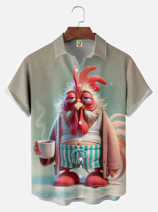 Big Size Moisture-wicking Early Morning Coffee Chicken Chest Pocket Casual Shirt