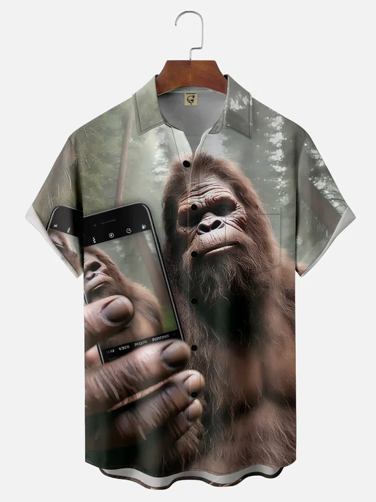 Moisture-wicking Bigfoot Camping Selfie Fun Chest Pocket Hawaiian Shirt