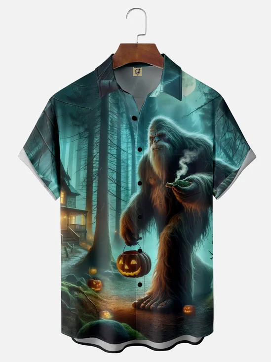 Moisture-wicking Halloween Bigfoot Pumpkin Art Chest Pocket Casual Shirt