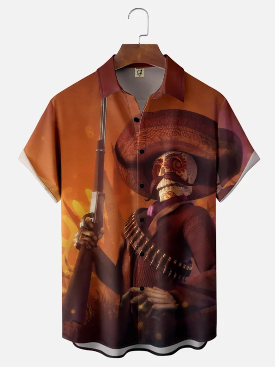 Moisture-wicking Mexican Skeleton Dead Cowboy Chest Pocket Casual Shirt