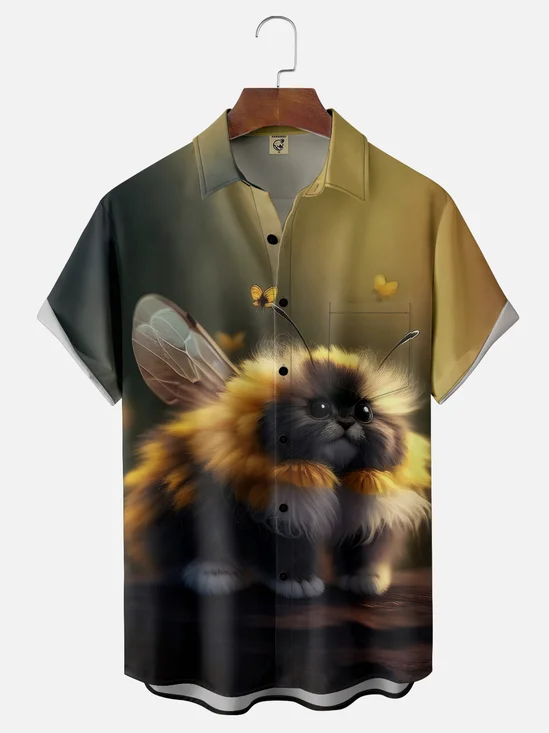 Moisture-wicking Fun Bee Cat Funny Chest Pocket Casual Shirt