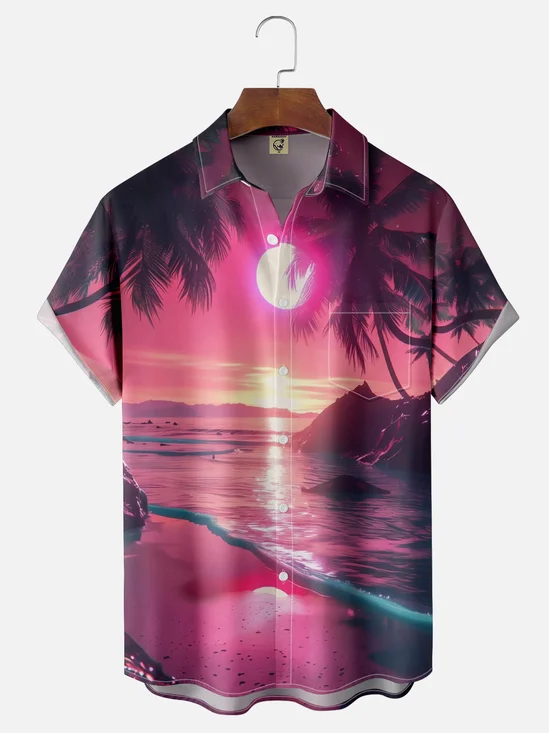 Moisture-wicking Dream Beach Art Party Chest Pocket Hawaiian Shirt