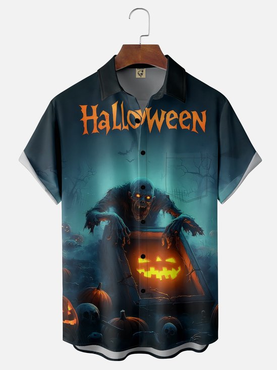 Moisture-wicking Halloween Zombie Pumpkin Art Chest Pocket Casual Shirt
