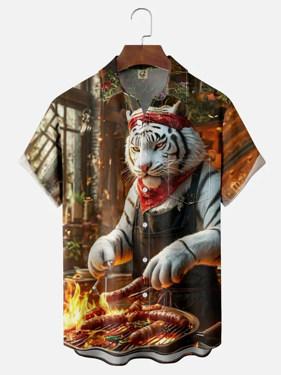 Moisture-wicking Fun Tiger BBQ Party Chest Pocket Hawaiian Shirt
