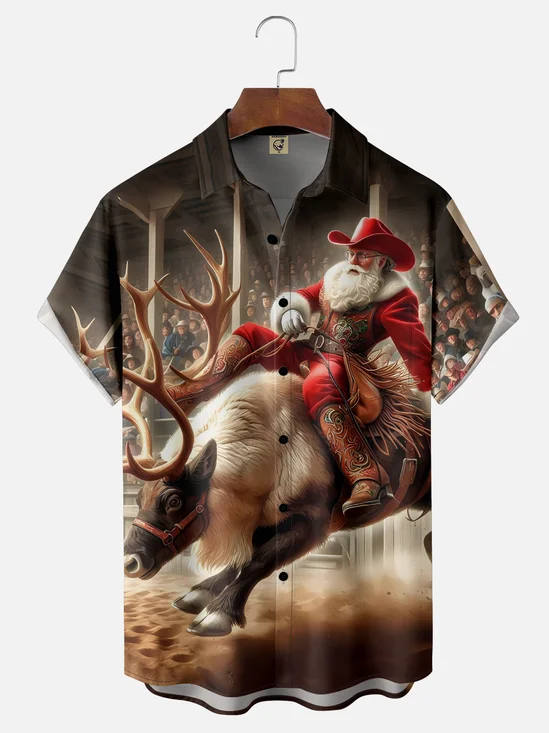 Moisture-wicking Christmas Santa Claus Riding Reindeer Chest Pocket Casual Shirt