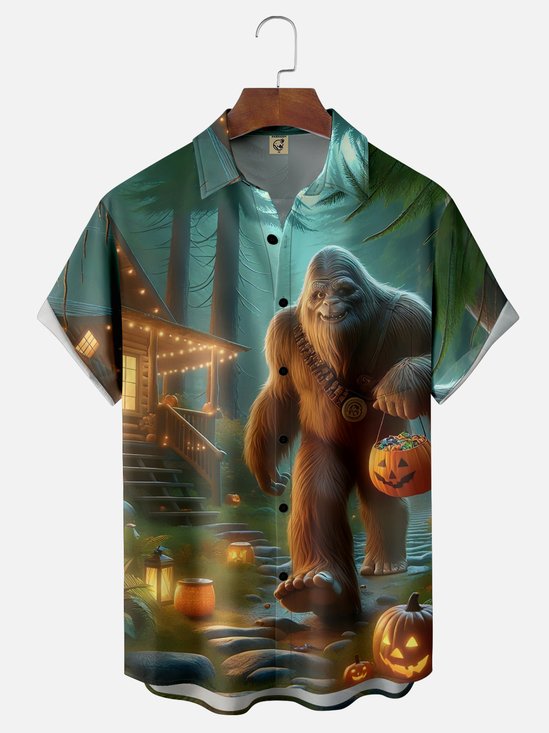 Moisture-wicking Halloween Bigfoot Pumpkin Chest Pocket Casual Shirt