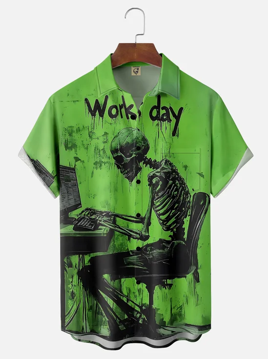Moisture-wicking "Love Work Day" Skull Slogan Chest Pocket Casual Shirt