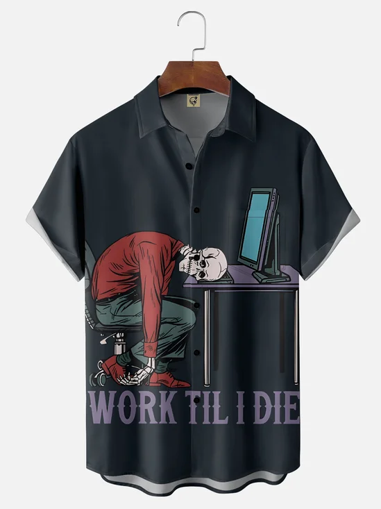 Moisture-wicking Fun "Work" Skull Slogan Chest Pocket Casual Shirt