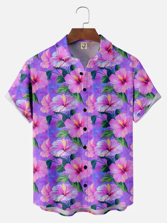 Big Size Moisture-wicking Floral Gradient Color Chest Pocket Hawaiian Shirt