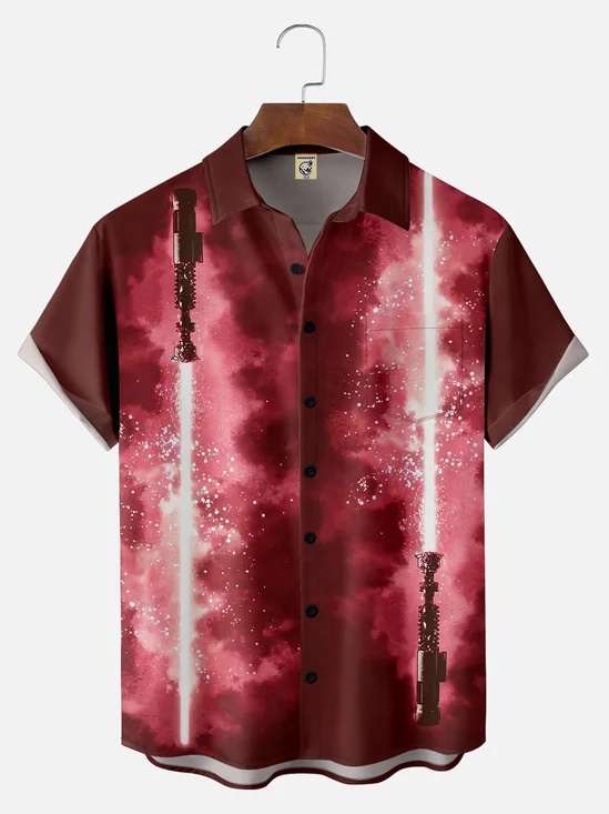 Big Size Moisture-wicking Fun and Avant-garde Laser Sword Star Art Chest Pocket Bowling Shirt