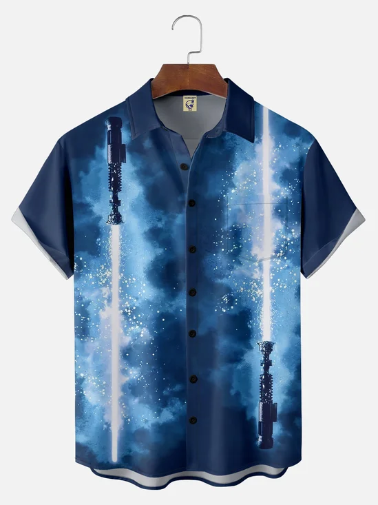 Big Size Moisture-wicking Fun and Avant-garde Laser Sword Star Art Chest Pocket Bowling Shirt