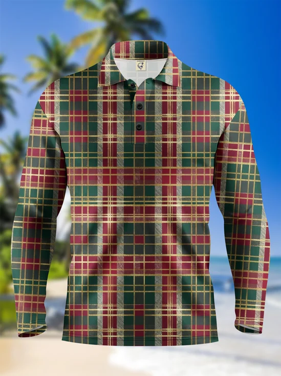 Moisture-Wicking Christmas Plaid Geometric Long Sleeve Golf Polo