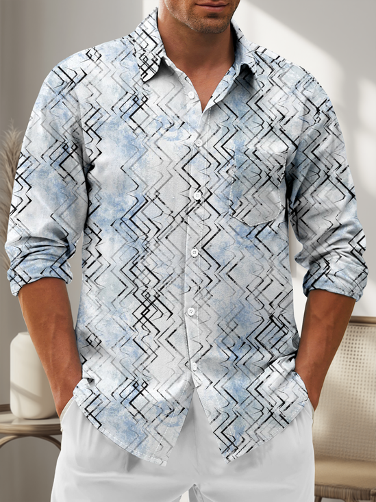 Moisture-Wicking Geometric Chest Pocket Casual Long Sleeve Shirt