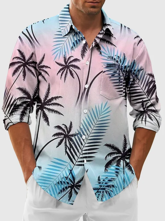 Linen-Texture Tropical Floral Print Chest Pocket Long-Sleeve Casual Shirt with
