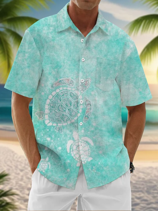 Moisture-Wicking Gradient Turtle Chest Pocket Hawaiian Shirt