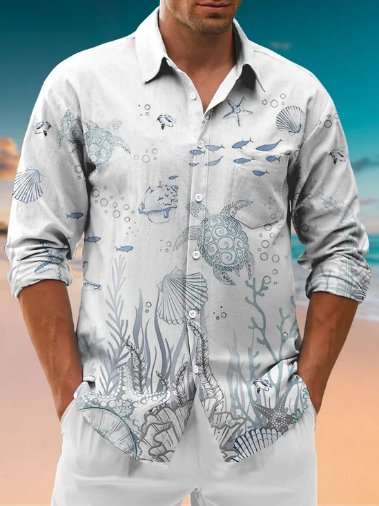 Moisture-Wicking Underwater World Sea Turtle Chest Pocket Casual Long Sleeve Shirt