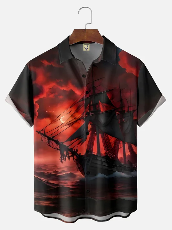Big Size Moisture-wicking Pirate Ship Chest Pocket Casual Shirt