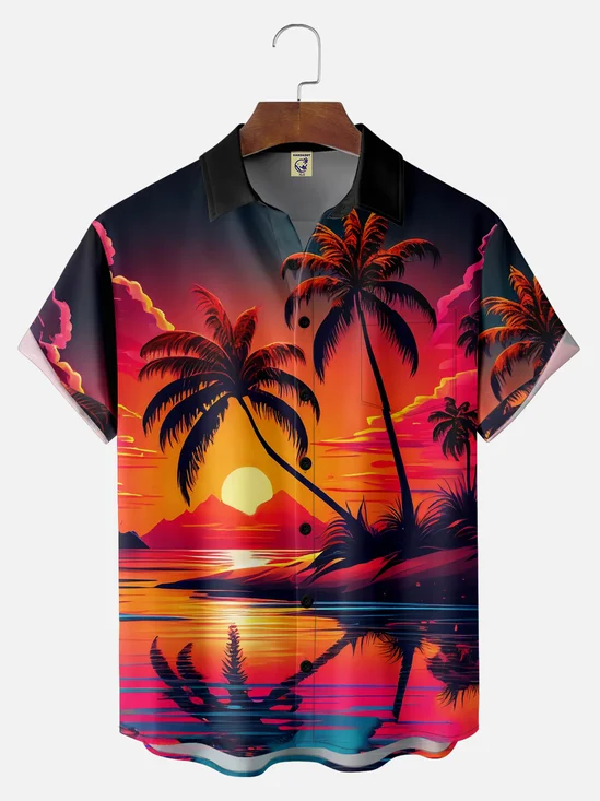 Big Size Moisture-wicking Coconut Palm Tree Beach Chest Pocket Hawaiian Shirt