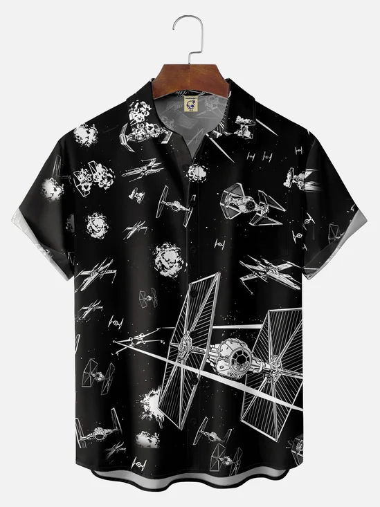Big Size Moisture-wicking Spaceship Wars Chest Pocket Hawaiian Shirt