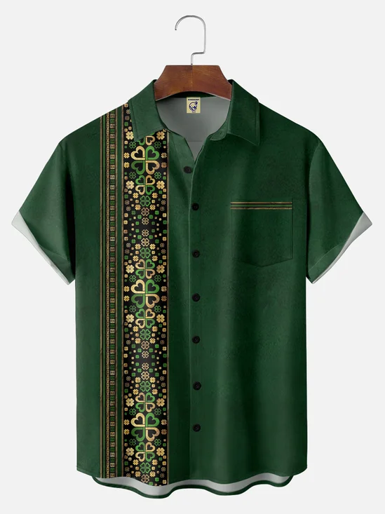 Big Size Moisture-wicking St. Patrick's Day Four Leaf Clover Stripe Chest Pocket Bowling Shirt