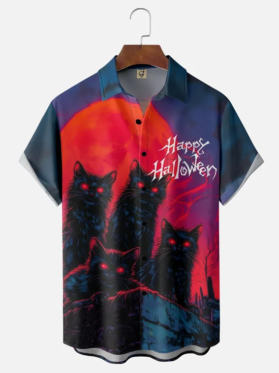 Moisture-wicking Halloween Cat Chest Pocket Casual Shirt