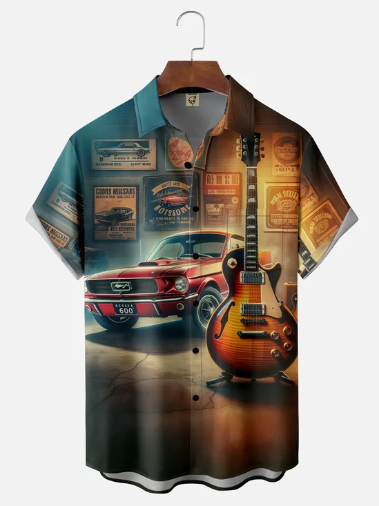 Moisture Wicking Retro Car Music Chest Pocket Hawaiian Shirt