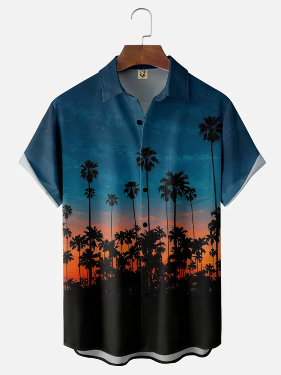 Moisture-Wicking Sunset Coconut Tree Chest Pocket Hawaiian Shirt