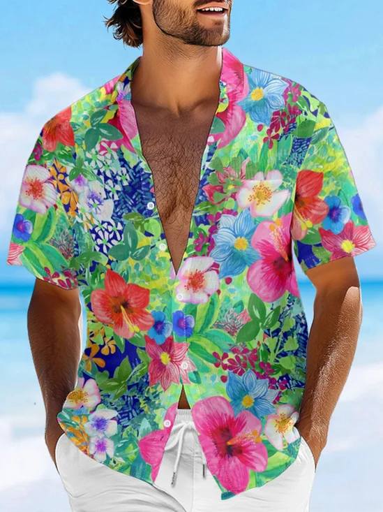 Moisture-wicking Floral Chest Pocket Hawaiian Shirt