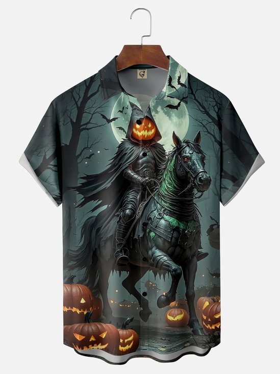 Moisture-Wicking Halloween Pumpkin Knight Chest Pocket Hawaiian Shirt