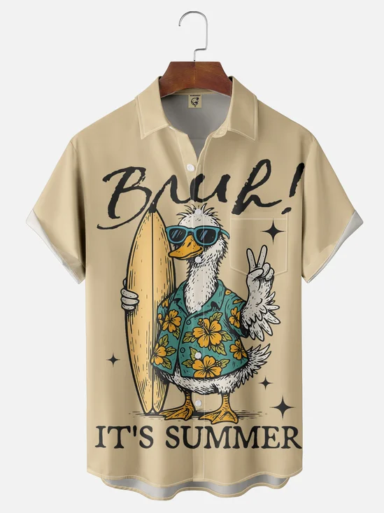 Moisture-Wicking Surfboard Duck Floral Chest Pocket Hawaiian Shirt