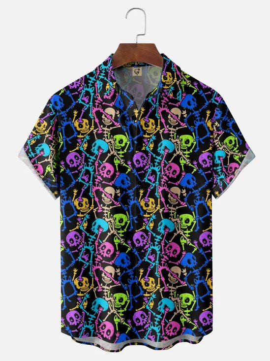 Moisture-Wicking Day Of The Dead Skull Chest Pocket Hawaiian Shirt