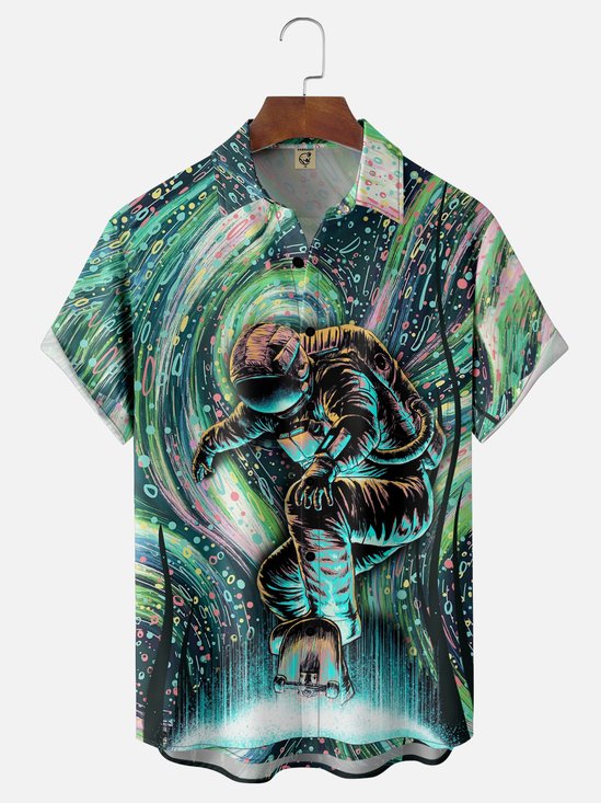 Hardaddy x Digital Moisture-Wicking Abstract Gradient Starry Sky Astronaut Skateboard Chest Pocket Hawaiian Shirt