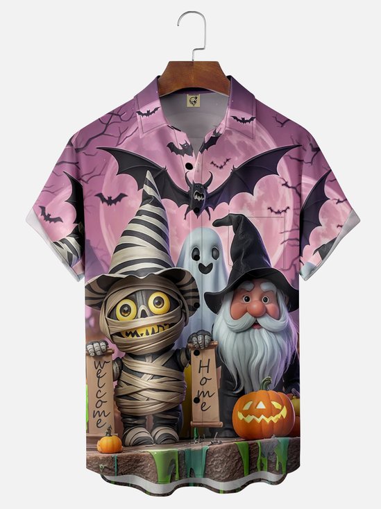 Moisture-Wicking Halloween Spooky Pumpkin Bat Gnome Chest Pocket Hawaiian Shirt