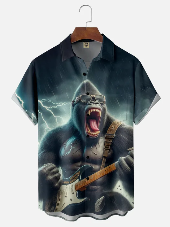 Moisture-Wicking Gorilla Bigfoot Rock Guitar Music Chest Pocket Hawaiian Shirt
