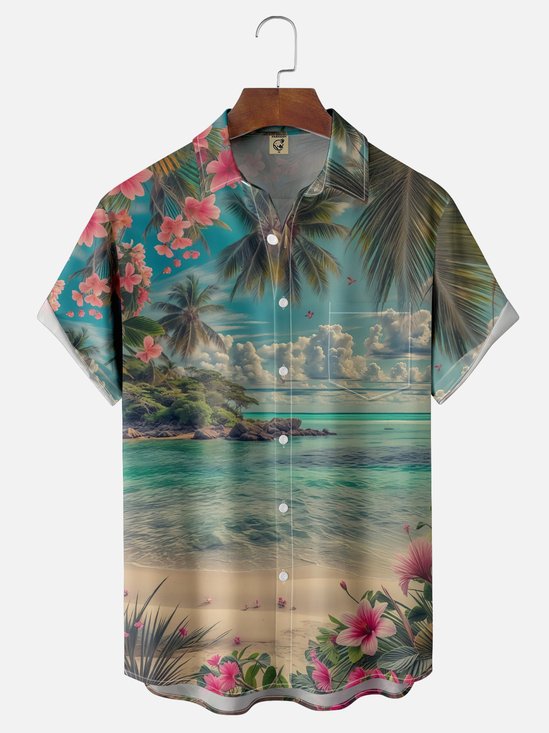 Moisture-Wicking Ocean View Chest Pocket Hawaiian Shirt