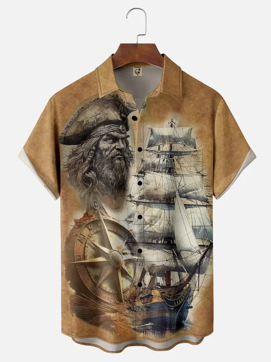 Moisture-Wicking Gradient Sailboat Pirate Chest Pocket Hawaiian Shirt