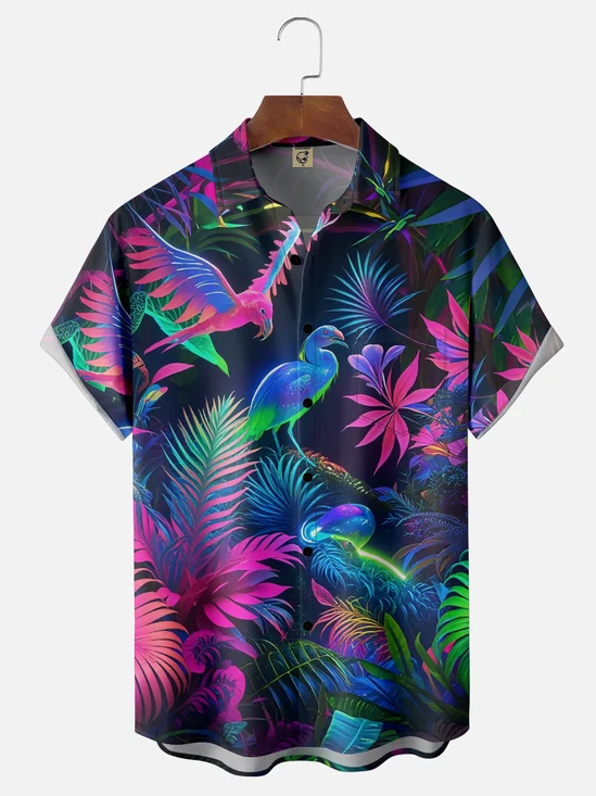 Moisture-Wicking Floral Parrot Chest Pocket Hawaiian Shirt