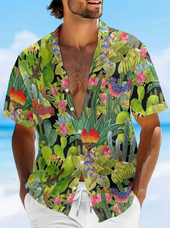 Moisture-wicking Cactus Lizard Chest Pocket Hawaiian Shirt