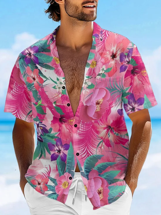 Moisture-wicking Tropical Floral Chest Pocket Hawaiian Shirt