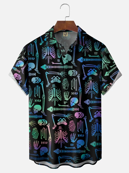 Moisture-Wicking Day Of The Dead Skull Chest Pocket Hawaiian Shirt