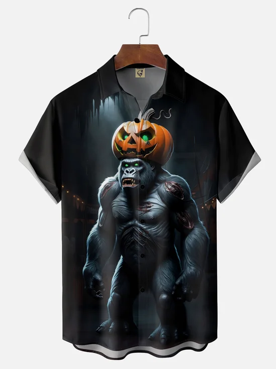 Moisture-wicking Halloween Bigfoot Chest Pocket Casual Shirt